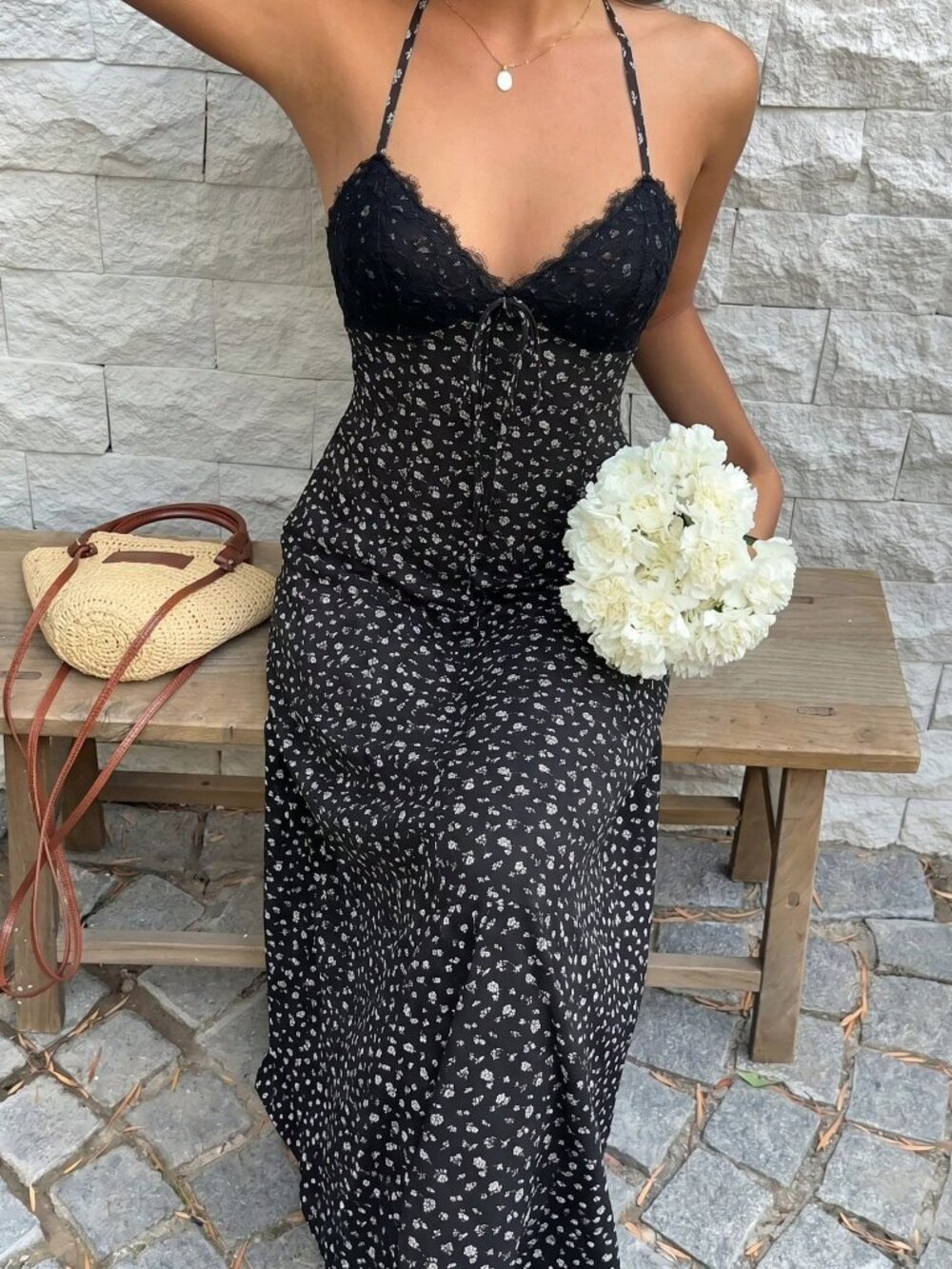 Black Boho Women's Long Floral Dress With Lace Trim - Picture 5 of 8